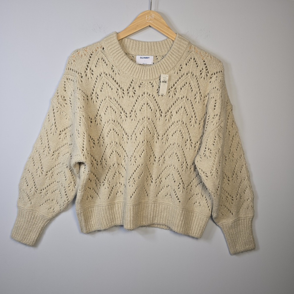 Old Navy Cozy Pointelle Knit Crew Neck Sweater Size L Womens Cream Preppy NWT